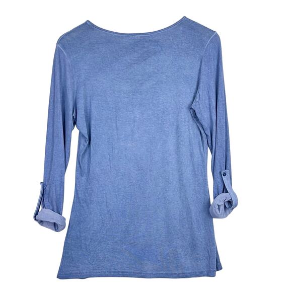 Fleur De Lis Women's Scoop Neck Long Roll Sleeve Distressed Blue Medium - Picture 2 of 9